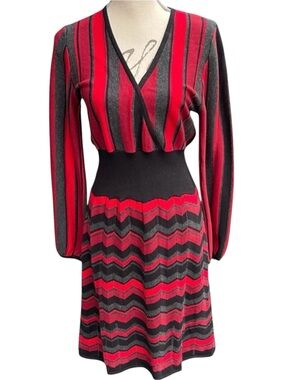 Spense Red/Black/Grey Stripe Cotton/Wool Cross Over Top Pointelle Knit Dress (M)